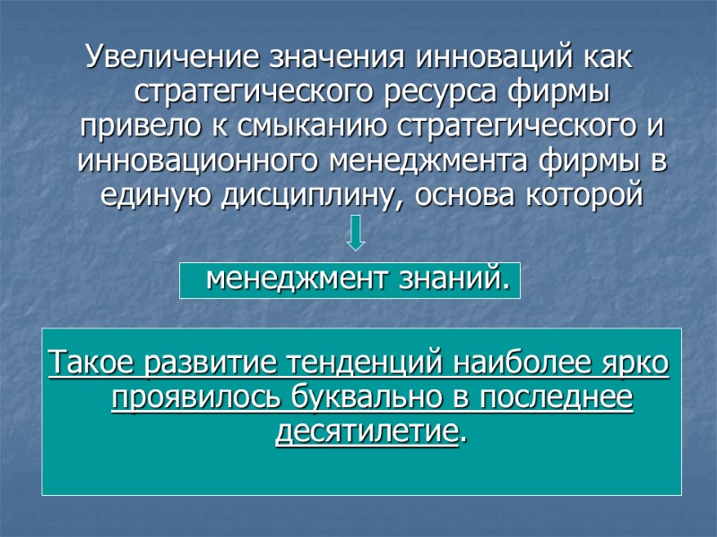 Увеличение значения инноваций как стратегического ресурса фирмы привело к смыканию стратегического и инновационного менеджмента